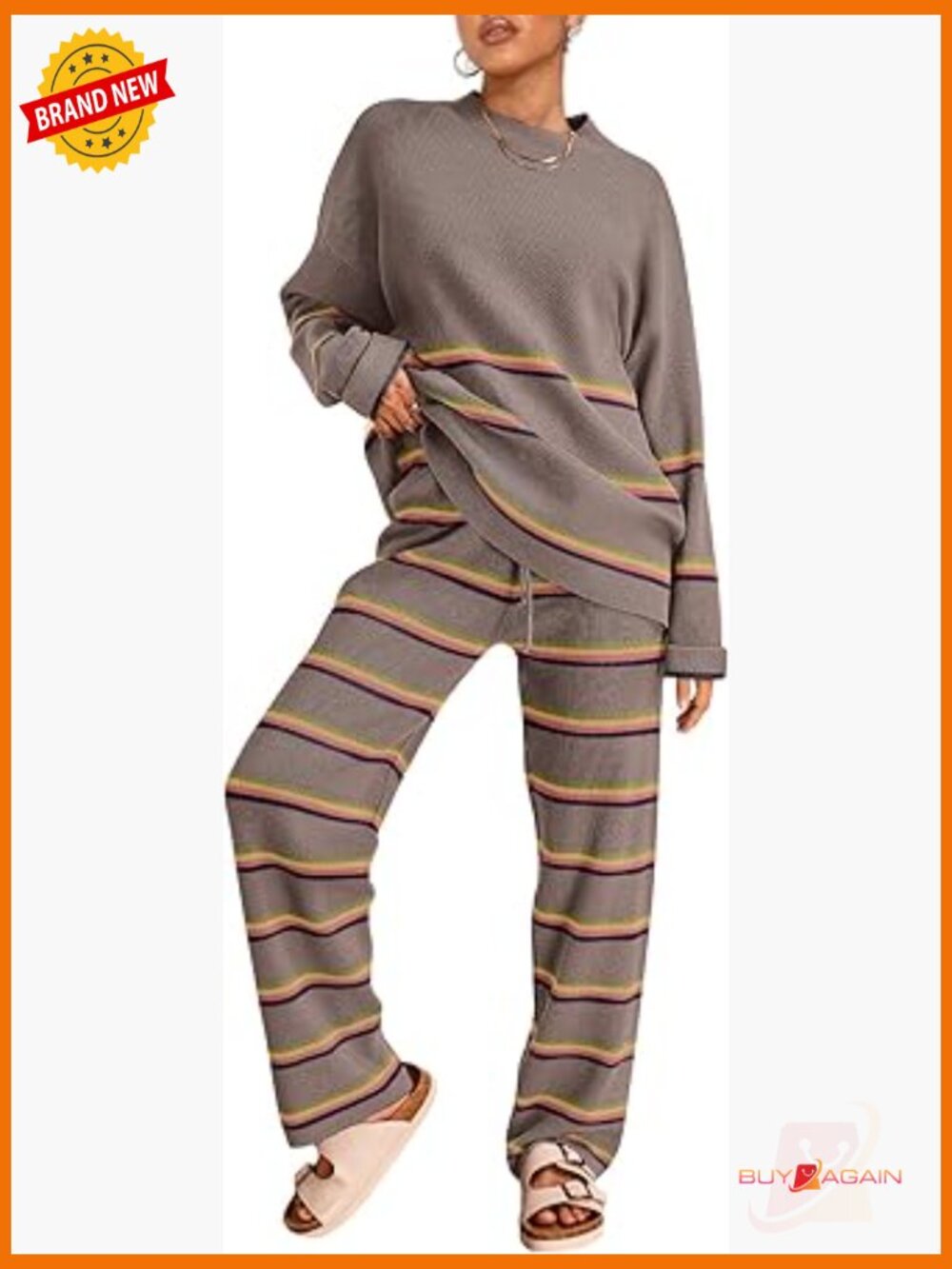2 Piece Lounge Set Striped Knit Sweater Oversized Pullover Wide Leg Pants